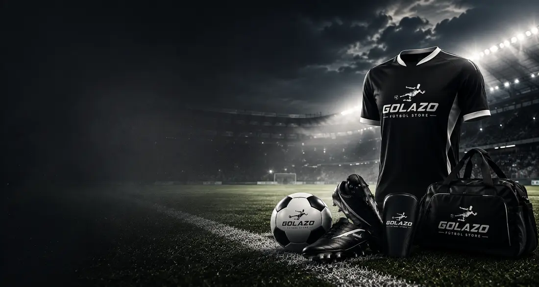 Kit completo Golazo Fútbol Store sobre la cancha de un estadio de noche